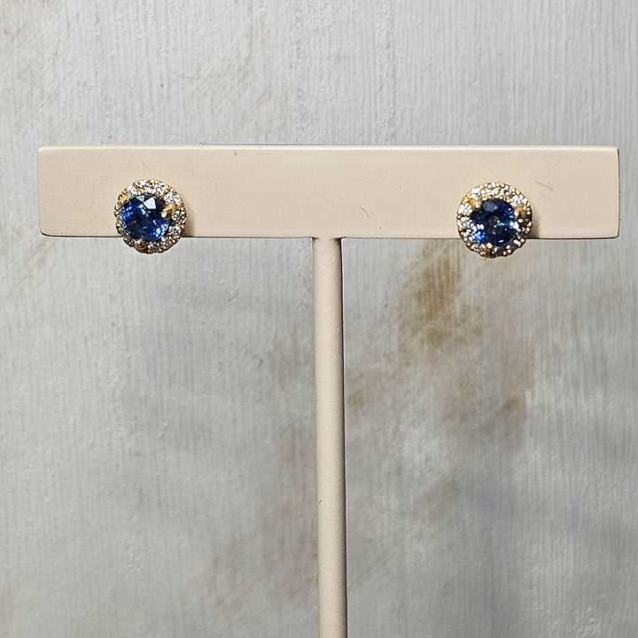 14k Yellow Gold Diamond Halo Blue Sapphire Stud Earrings