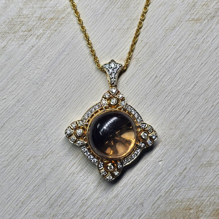 14k Yellow Gold Smokey Quartz and Diamond Necklace .33ctw