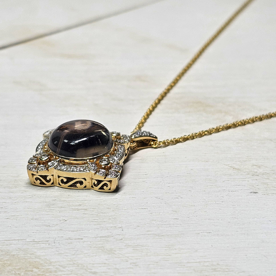 14k Yellow Gold Smokey Quartz and Diamond Necklace .33ctw