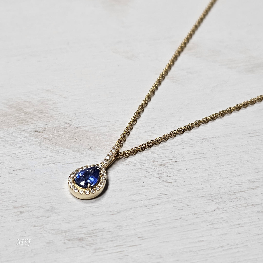 14k Yellow Gold .85ctw Blue Sapphire and Diamond Pendant