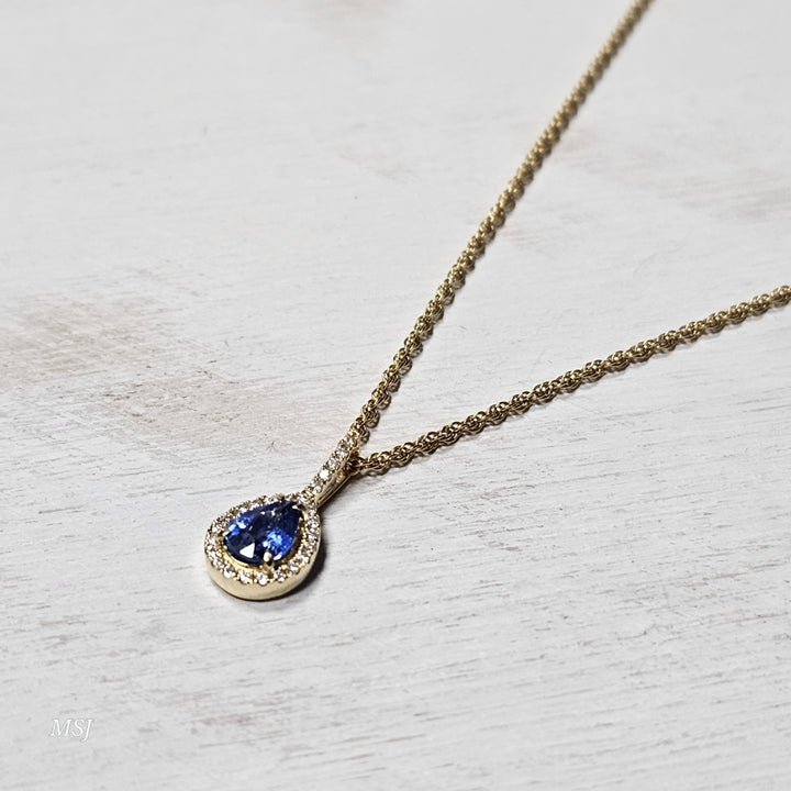 14k Yellow Gold .85ctw Blue Sapphire and Diamond Pendant