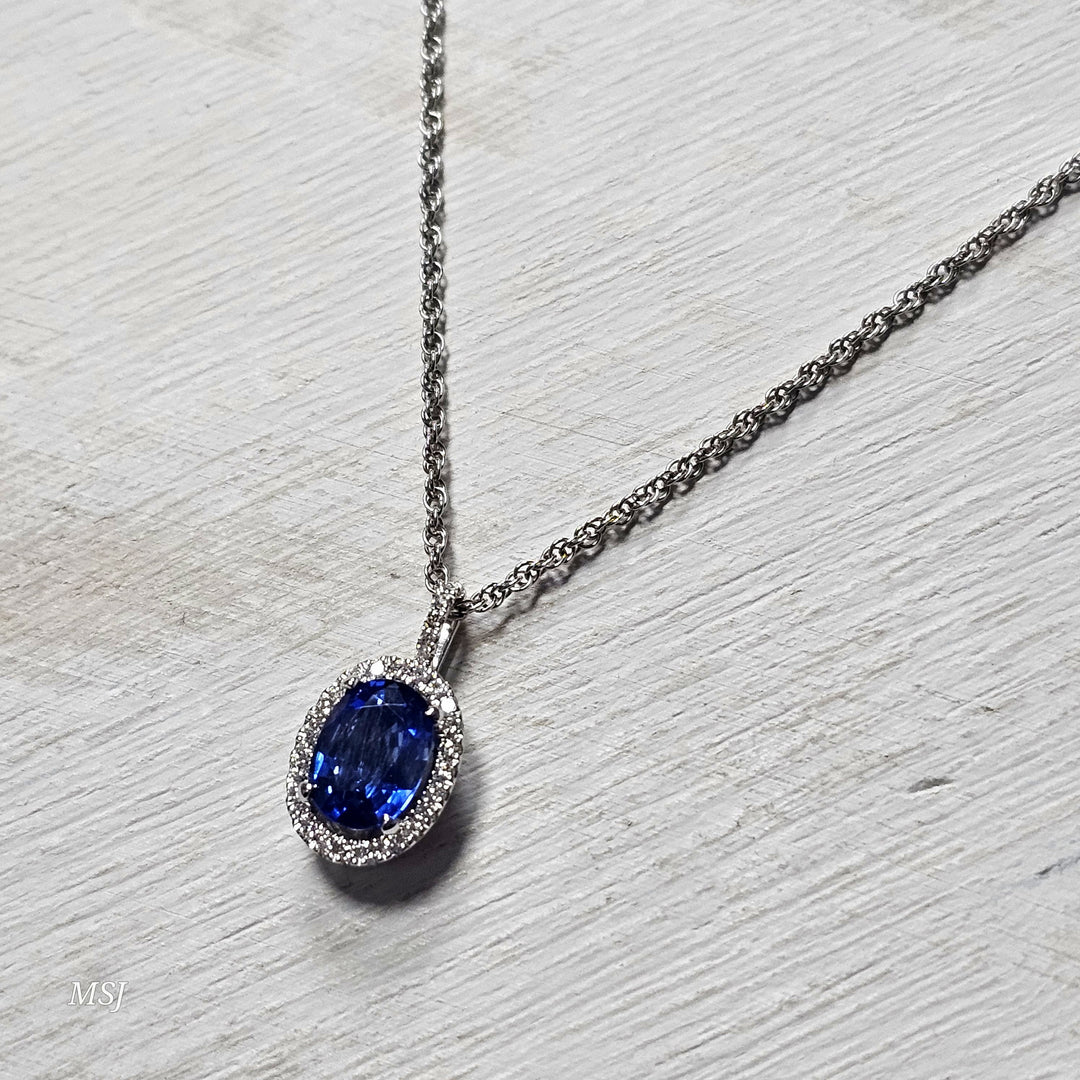 14k White Gold 1.51ctw Blue Sapphire and Diamond Halo Pendant