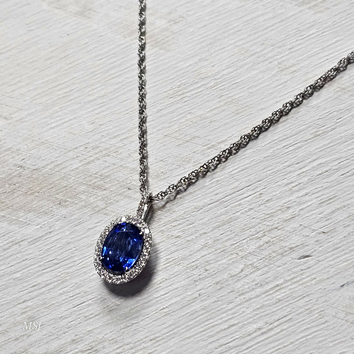 14k White Gold 1.51ctw Blue Sapphire and Diamond Halo Pendant