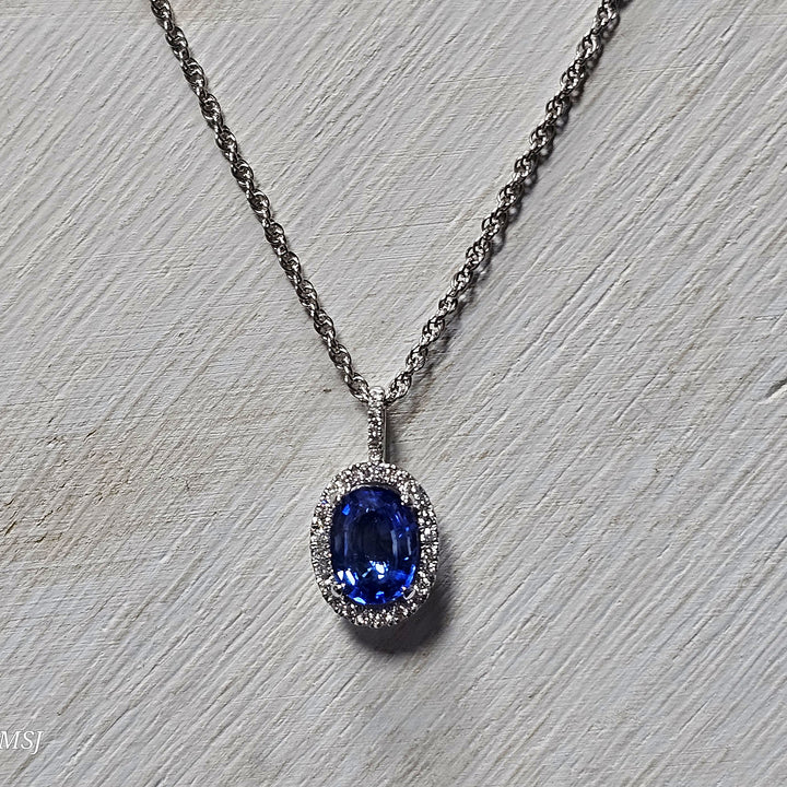 14k White Gold 1.51ctw Blue Sapphire and Diamond Halo Pendant