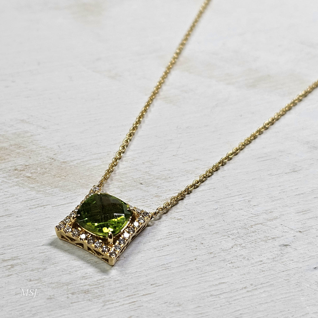 14k Yellow Gold 3.83ctw Peridot and Diamond Pendant