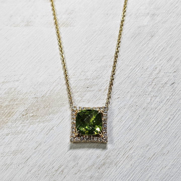 14k Yellow Gold 3.83ctw Peridot and Diamond Pendant