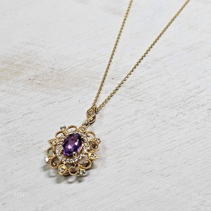 14k Yellow Gold .89ctw Amethyst and Diamond Pendant