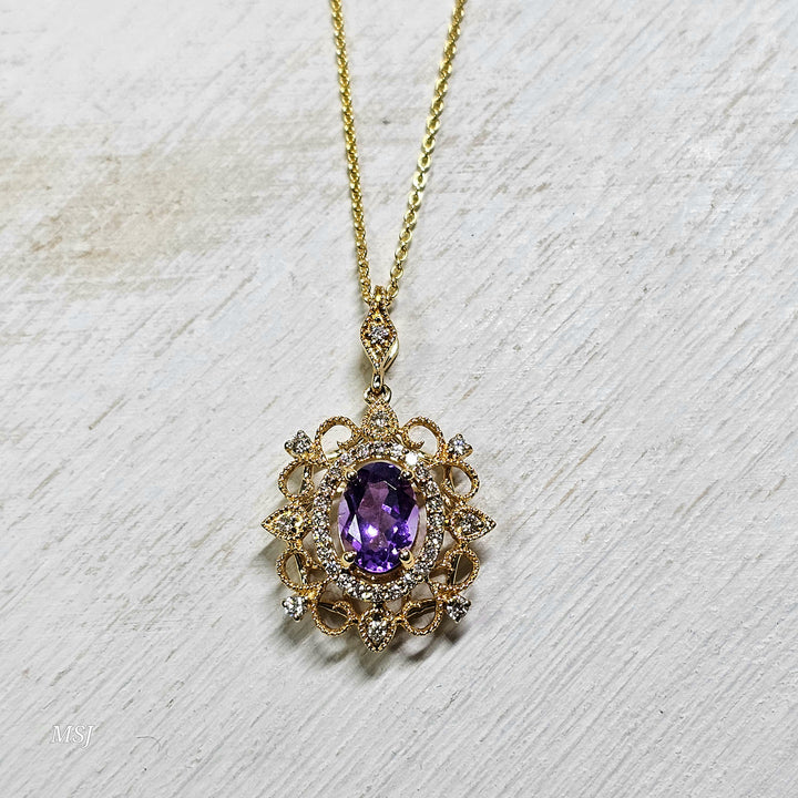 14k Yellow Gold .89ctw Amethyst and Diamond Pendant