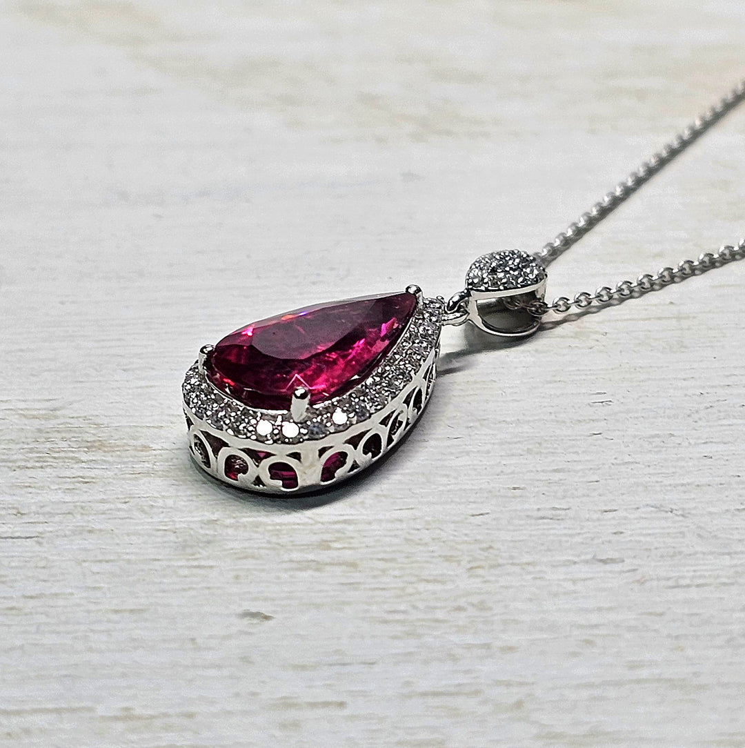 Pear Shaped Rubelite Tourmaline Necklace in 14K White Gold with .20cttw Natural Diamonds