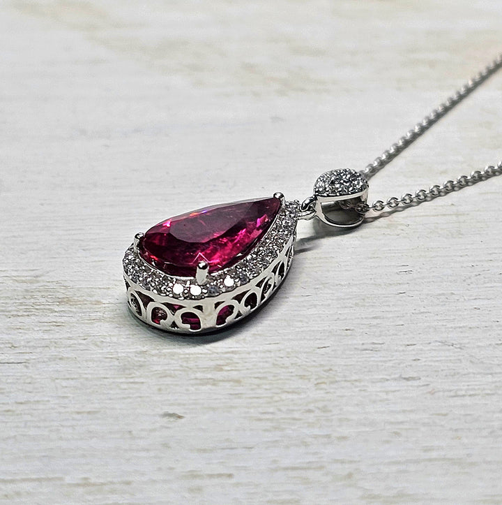 Pear Shaped Rubelite Tourmaline Necklace in 14K White Gold with .20cttw Natural Diamonds