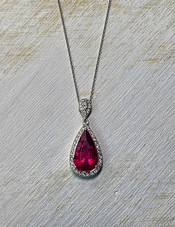 Pear Shaped Rubelite Tourmaline Necklace in 14K White Gold with .20cttw Natural Diamonds