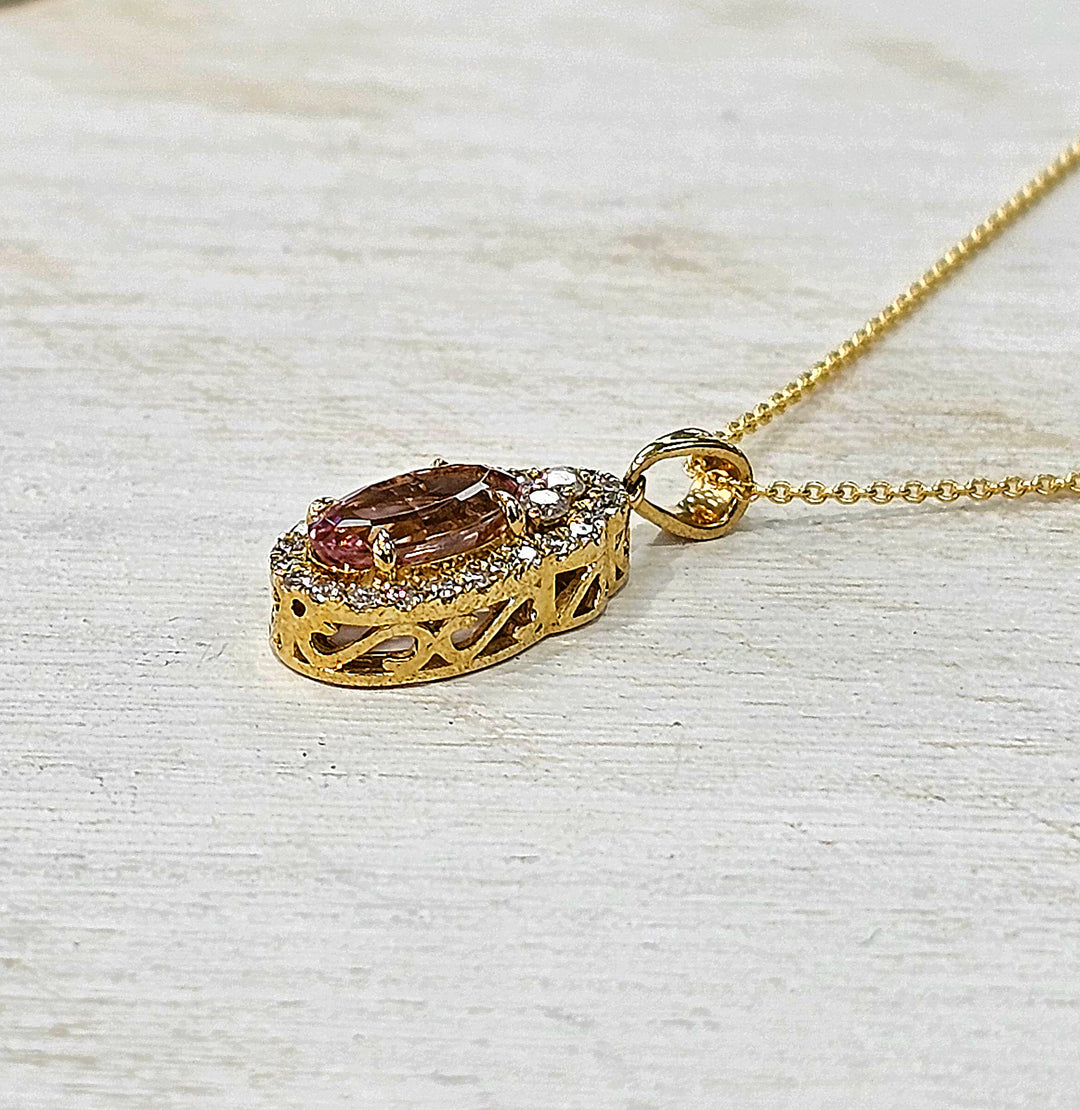 14K Yellow Gold Oval Pink Tourmaline Necklace with Vintage Natural Diamond Halo