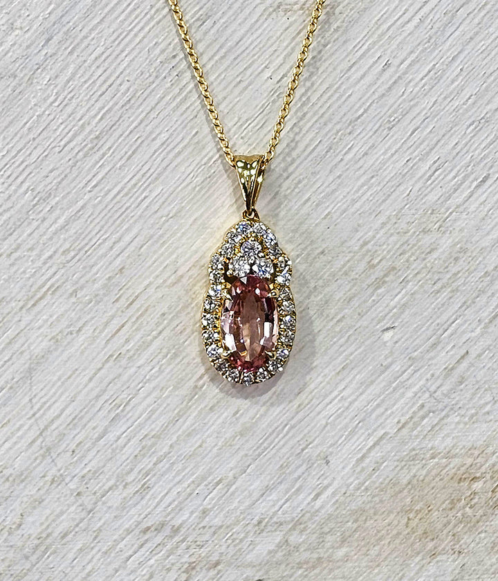 14K Yellow Gold Oval Pink Tourmaline Necklace with Vintage Natural Diamond Halo