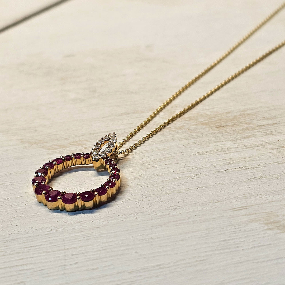 14k Yellow Gold Circle Graduated Ruby Pendant with Diamond Bail