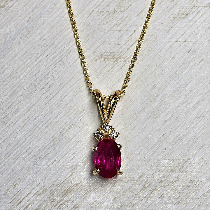 14k Yellow Gold Oval Ruby and Diamond Necklace