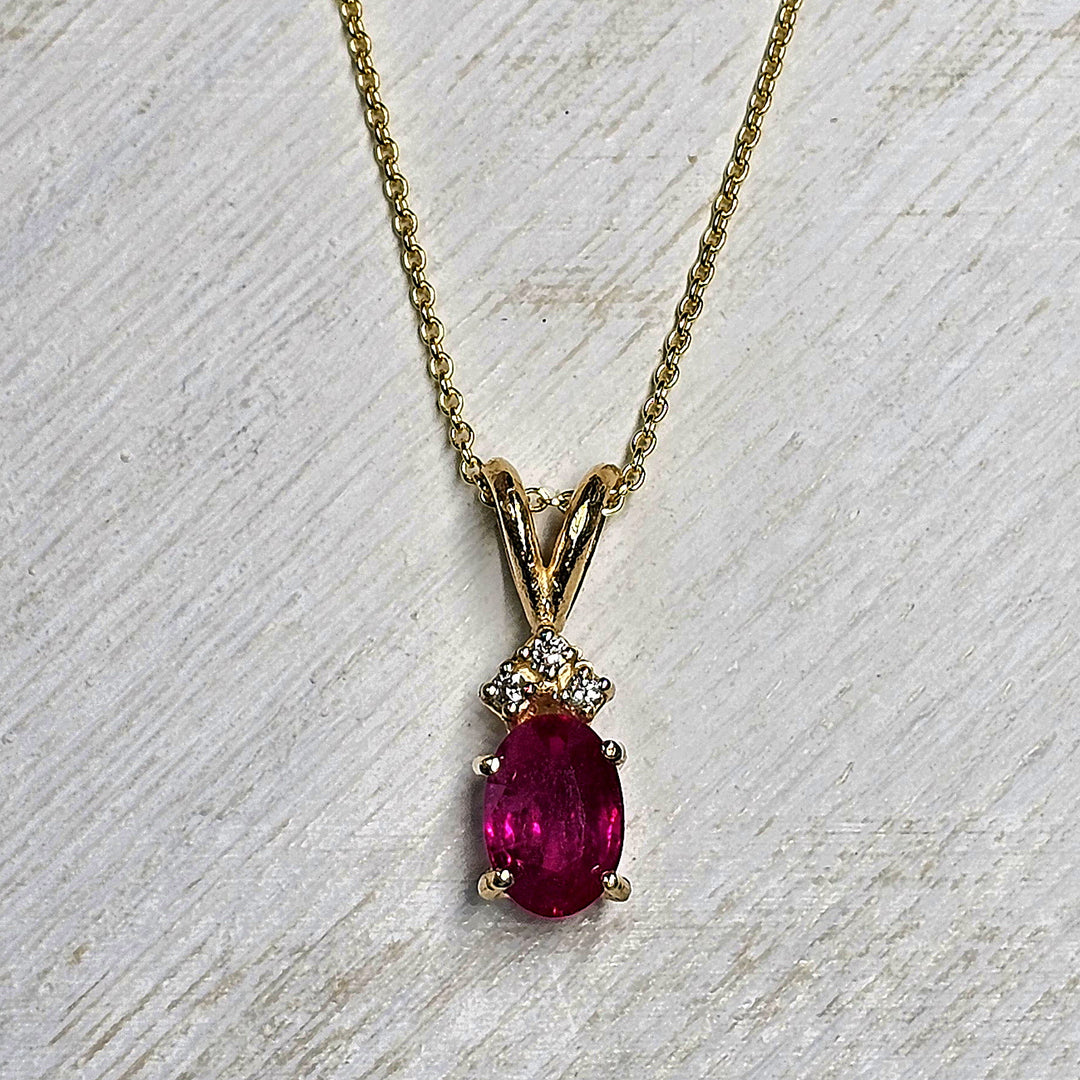 14k Yellow Gold Oval Ruby and Diamond Necklace
