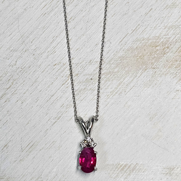 14k White Gold Oval Ruby and Diamond Necklace