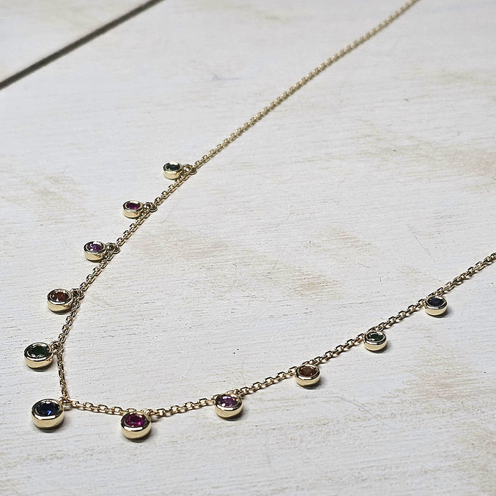 14k Yellow Gold Multi Color Sapphire and Green Garnet Bezel Station Necklace