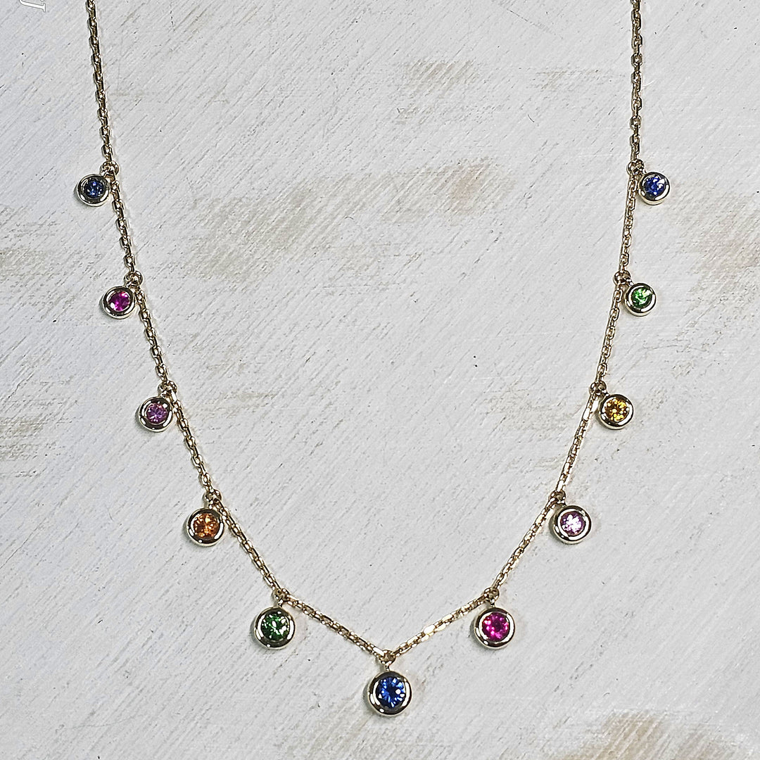 14k Yellow Gold Multi Color Sapphire and Green Garnet Bezel Station Necklace