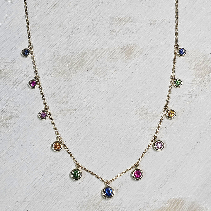 14k Yellow Gold Multi Color Sapphire and Green Garnet Bezel Station Necklace