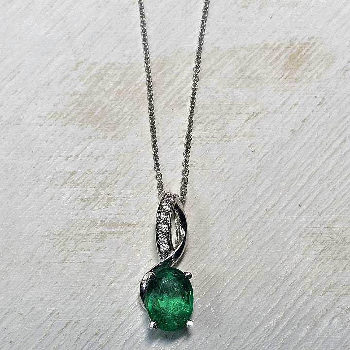 14k White Gold Oval Emerald and Diamond Necklace