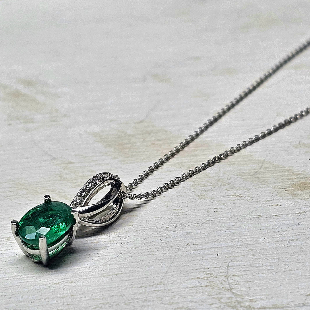 14k White Gold Oval Emerald and Diamond Necklace