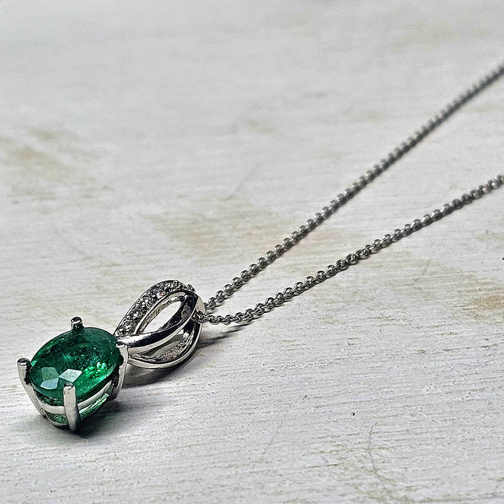 14k White Gold Oval Emerald and Diamond Necklace