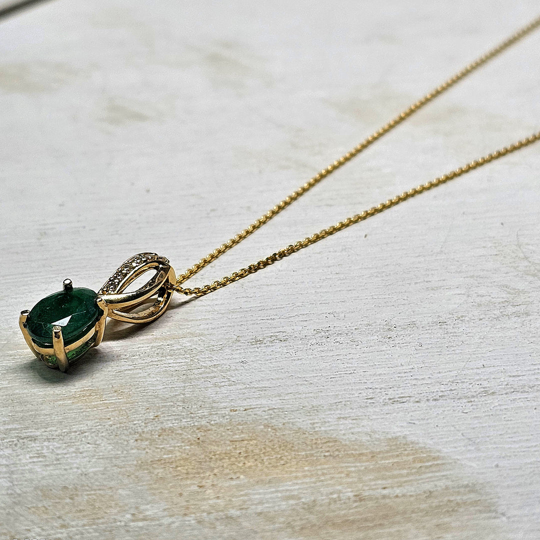 14k Yellow Gold Oval Emerald and Diamond Necklace