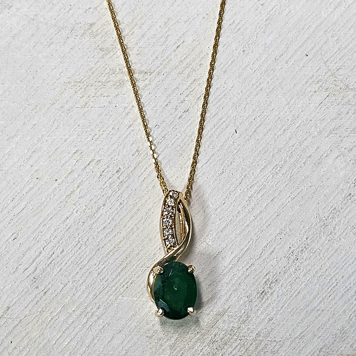 14k Yellow Gold Oval Emerald and Diamond Necklace