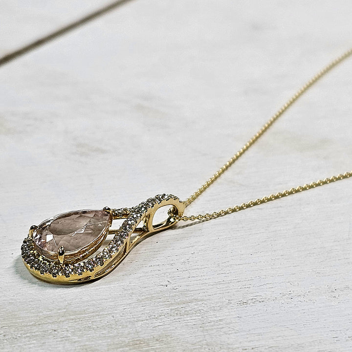 14k Yellow Gold Morganite and Diamond Pear Shape Necklace 3.57 TGW