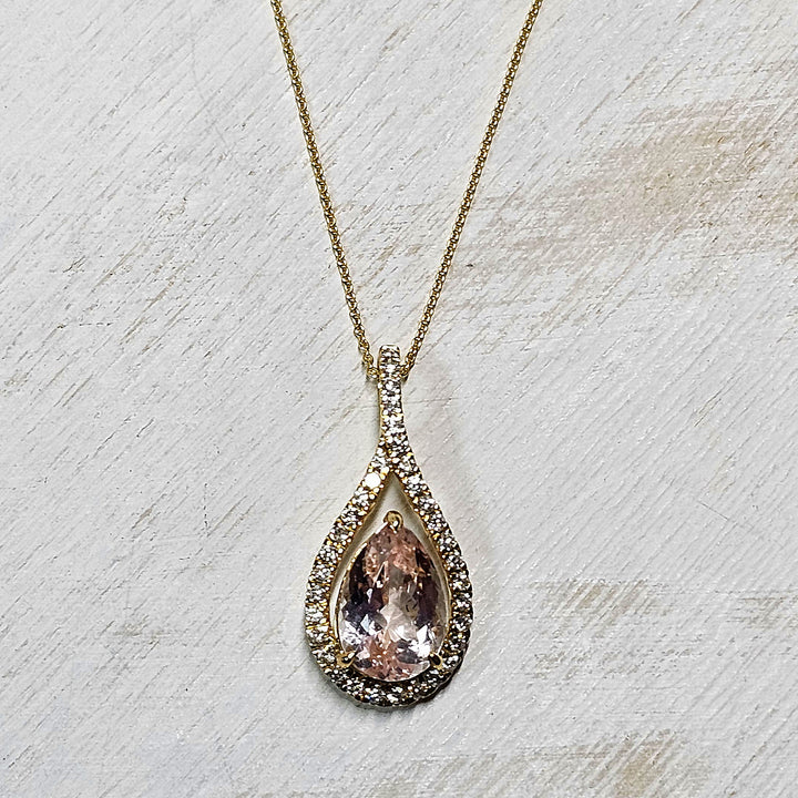 14k Yellow Gold Morganite and Diamond Pear Shape Necklace 3.57 TGW