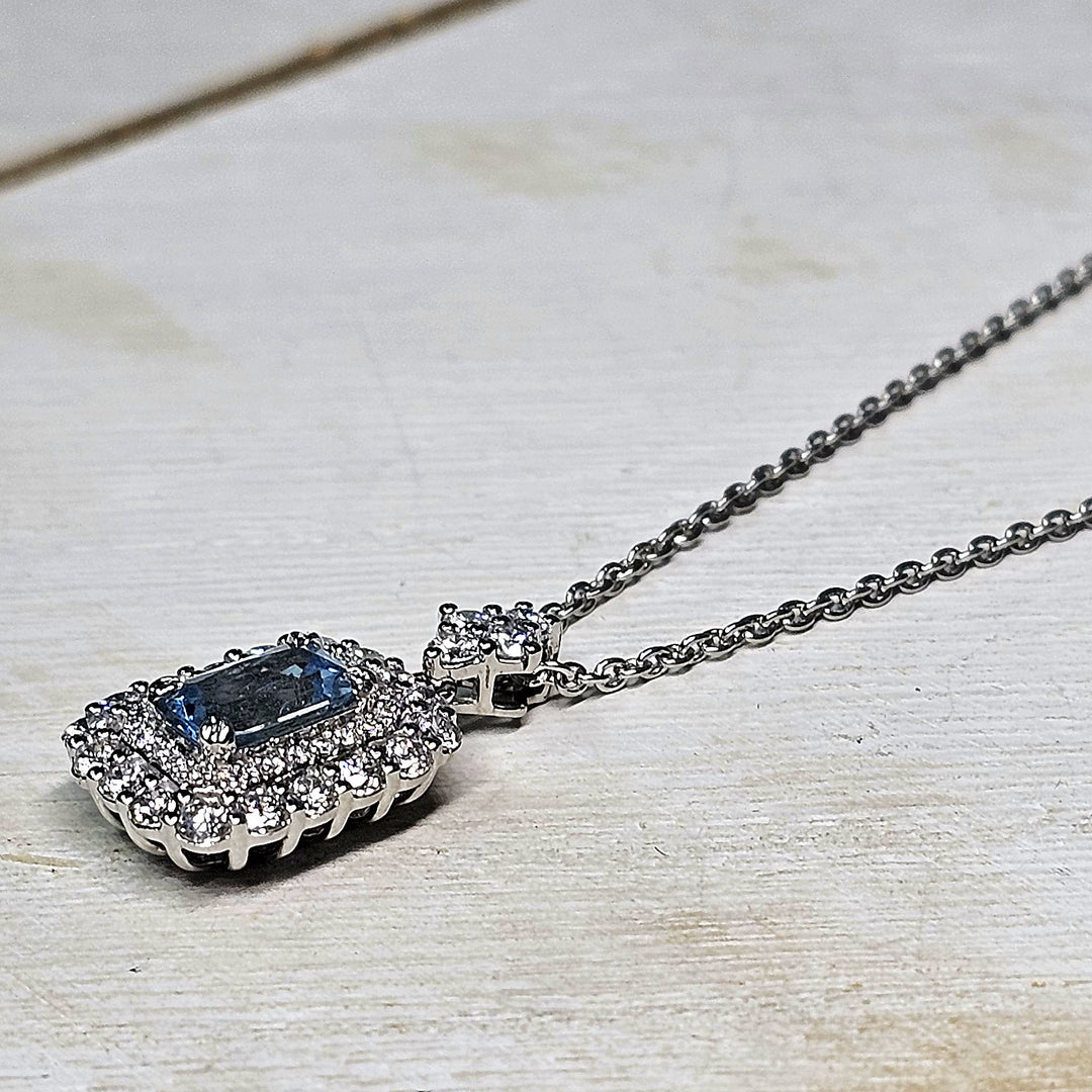 14k White Gold Aquamarine and Diamond Vintage Style Necklace .98 TGW