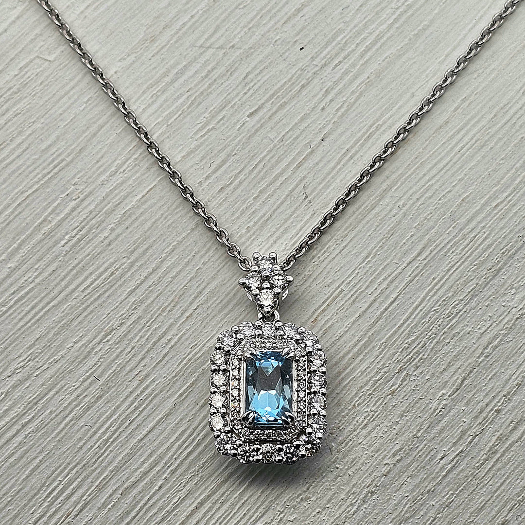 14k White Gold Aquamarine and Diamond Vintage Style Necklace .98 TGW