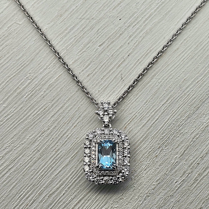 14k White Gold Aquamarine and Diamond Vintage Style Necklace .98 TGW