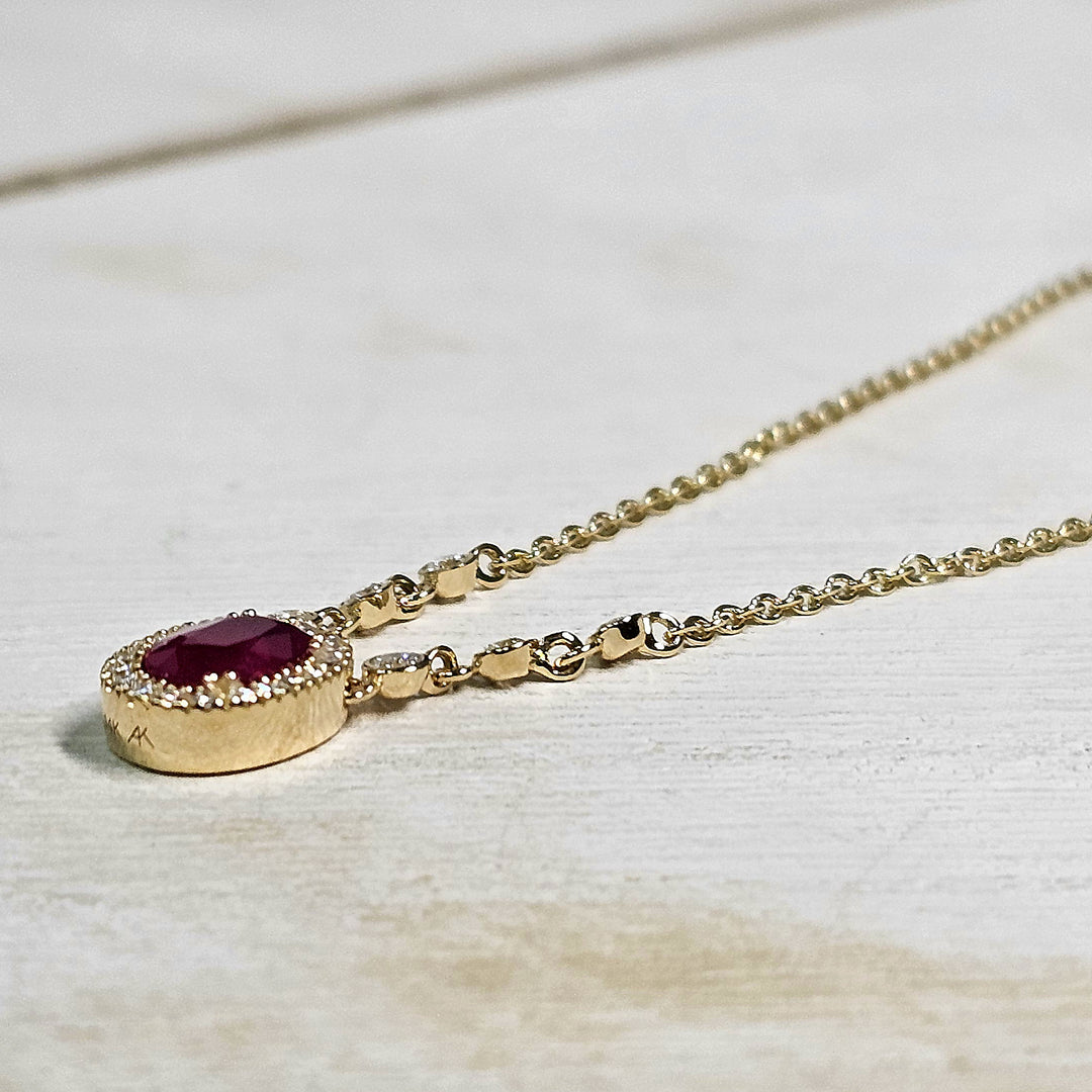 14k Yellow Gold 0.70 Ctw Ruby and 0.24 Ctw Diamond Halo Necklace