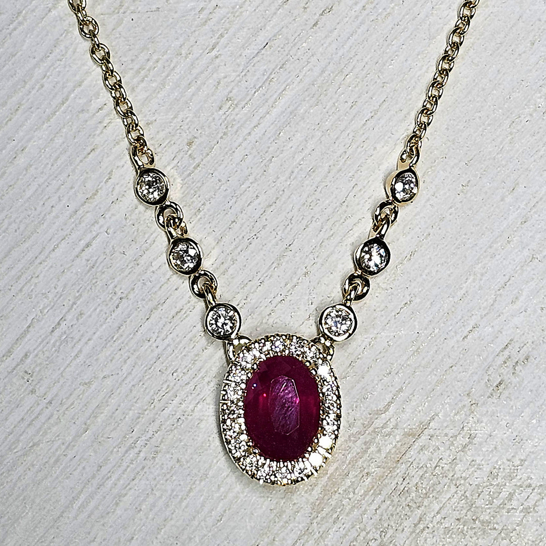 14k Yellow Gold 0.70 Ctw Ruby and 0.24 Ctw Diamond Halo Necklace