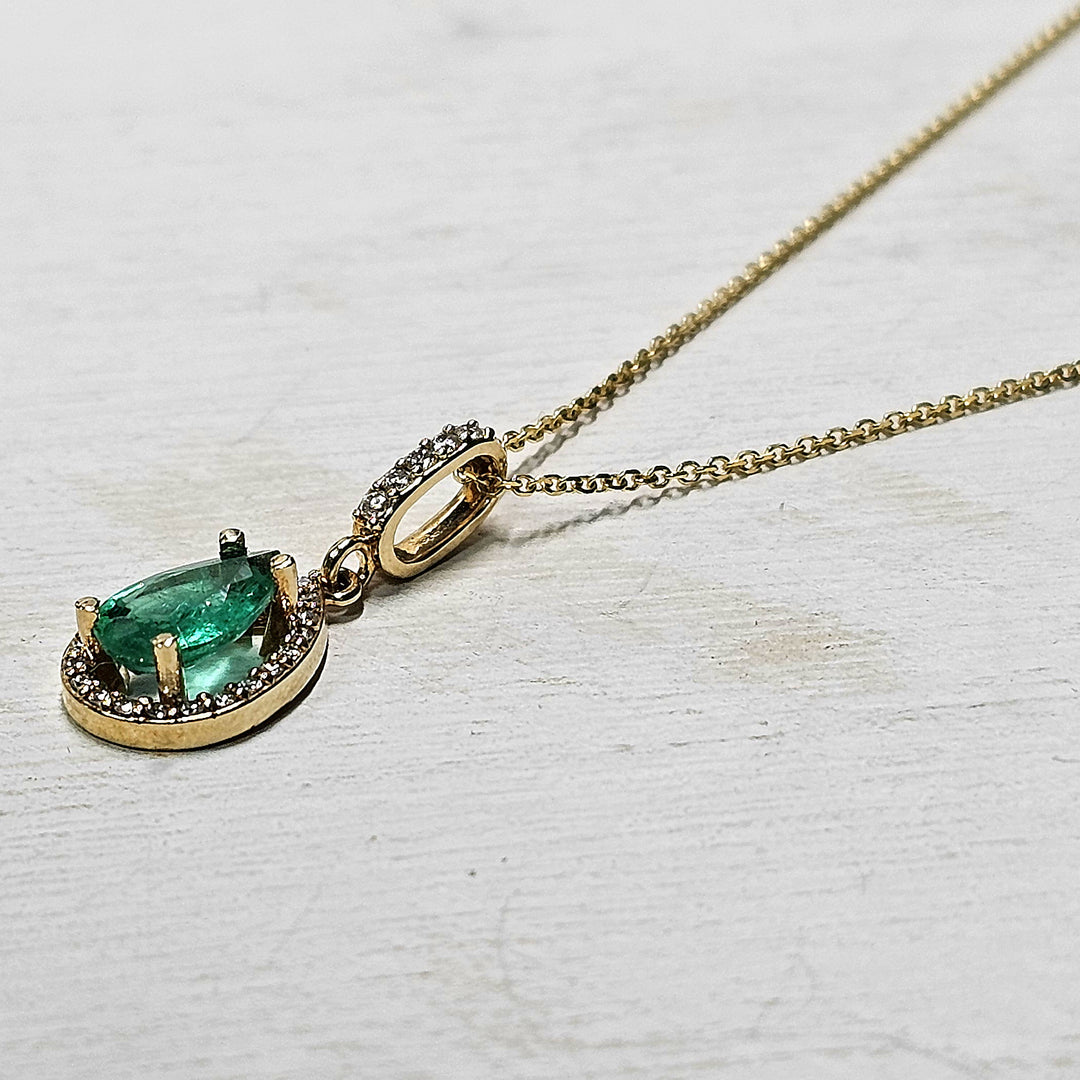 14k Yellow Gold Pear Emerald Diamond Halo Drop Necklace