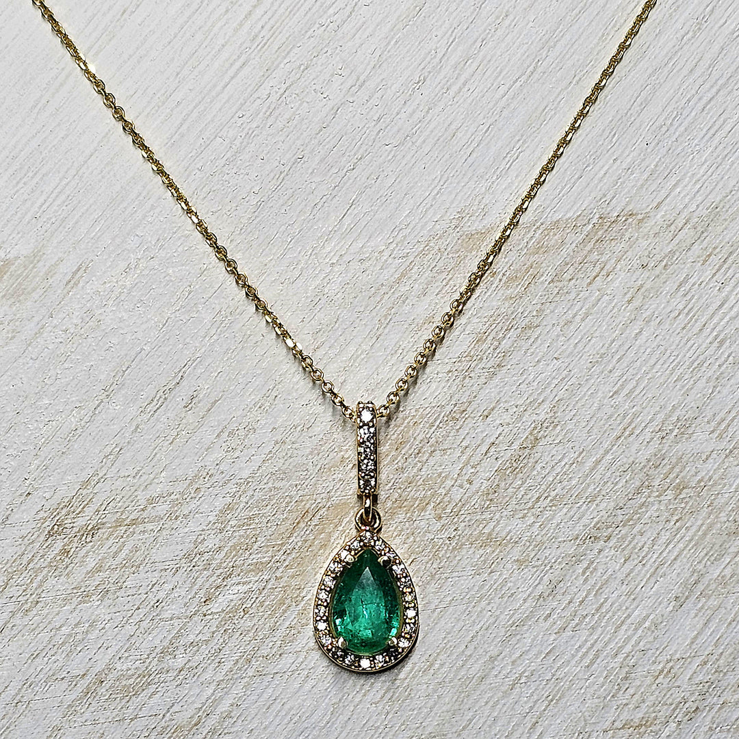 14k Yellow Gold Pear Emerald Diamond Halo Drop Necklace