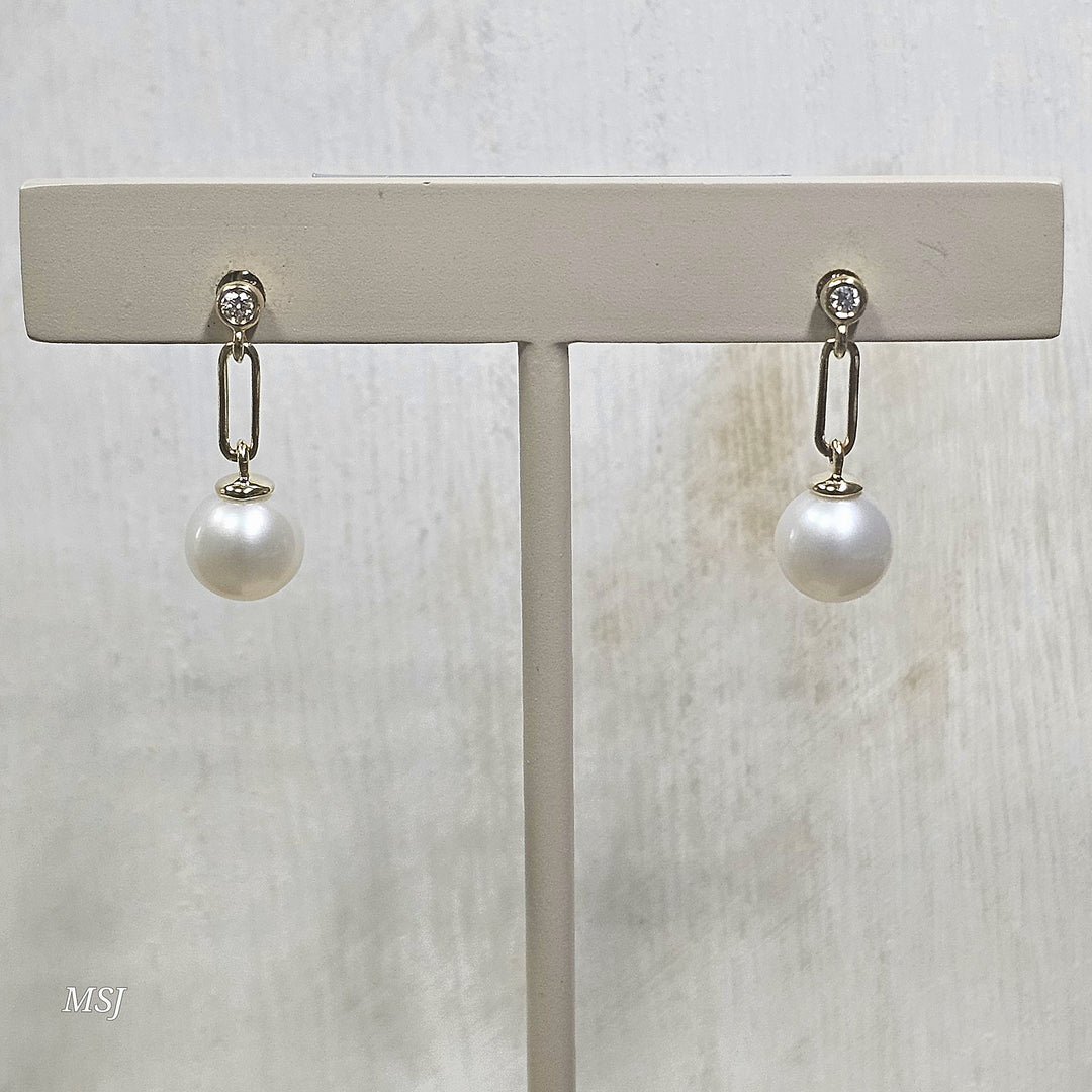 14k Yellow Gold Diamond and Pearl Paperclip Drop Earrings