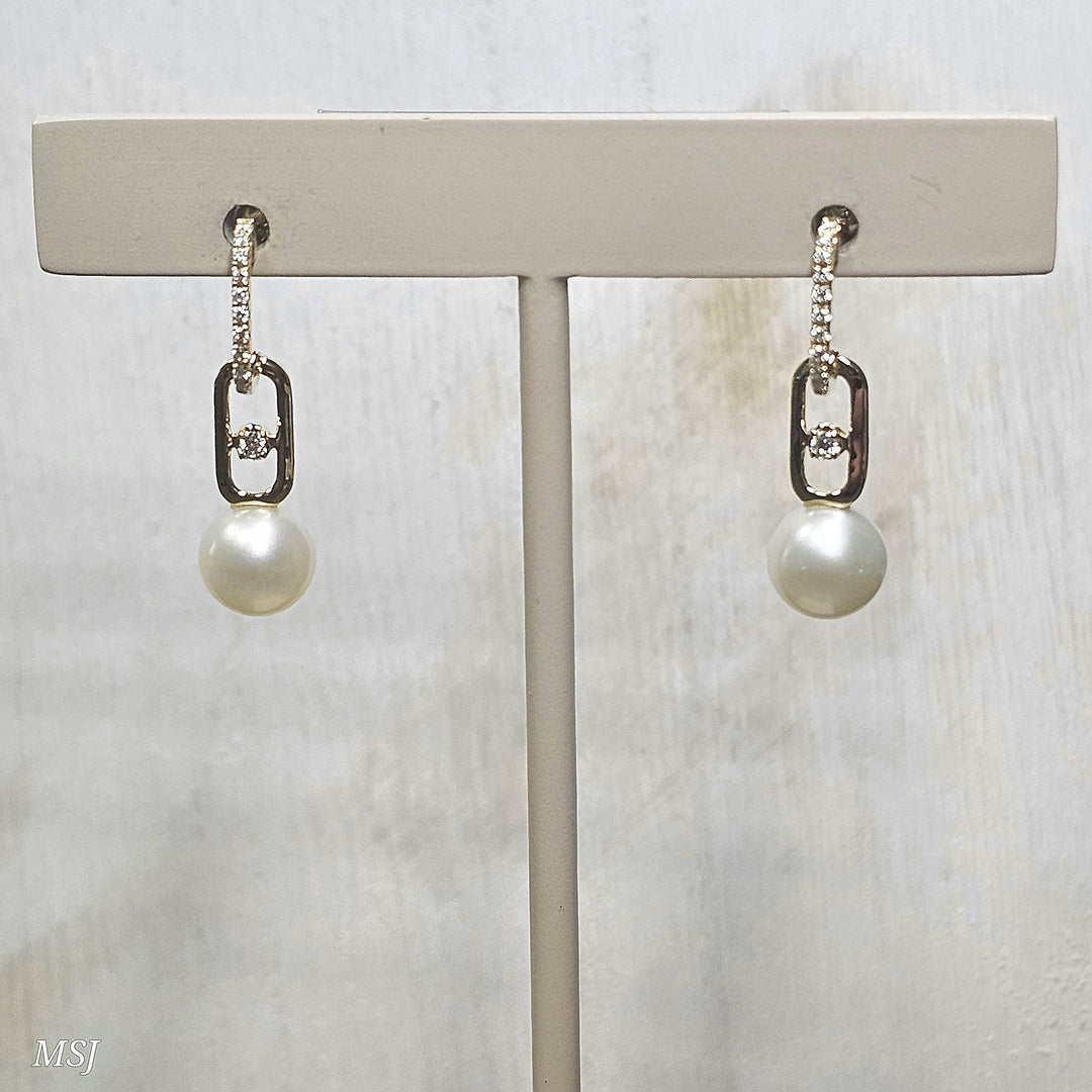 14k Yellow Gold Diamond Hoop Pearl Drop Earrings