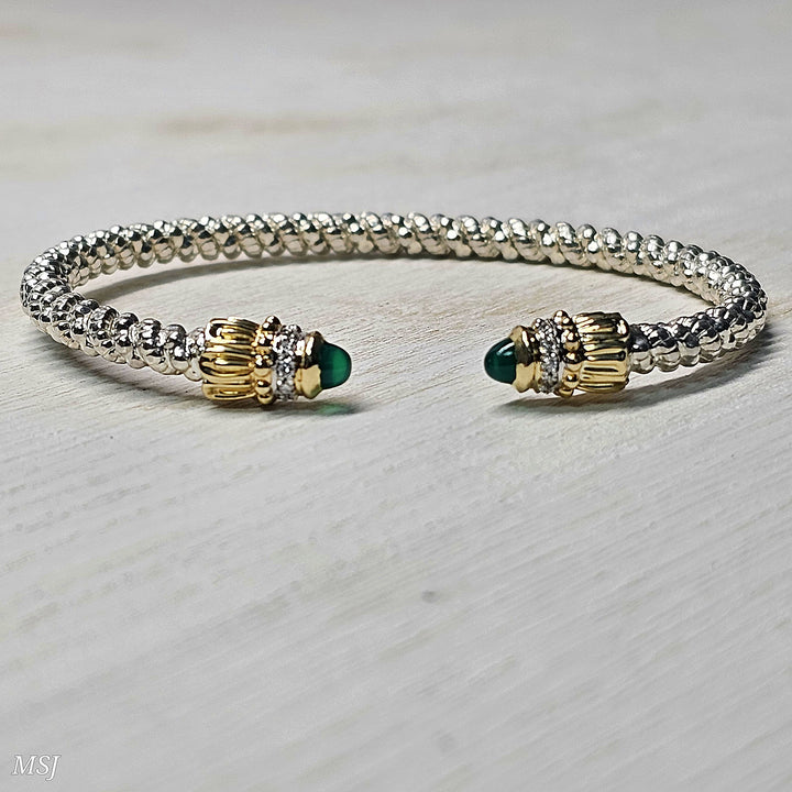 Vahan 3mm Open Cuff Bracelet with Green Onyx and Diamond 0.08ctw