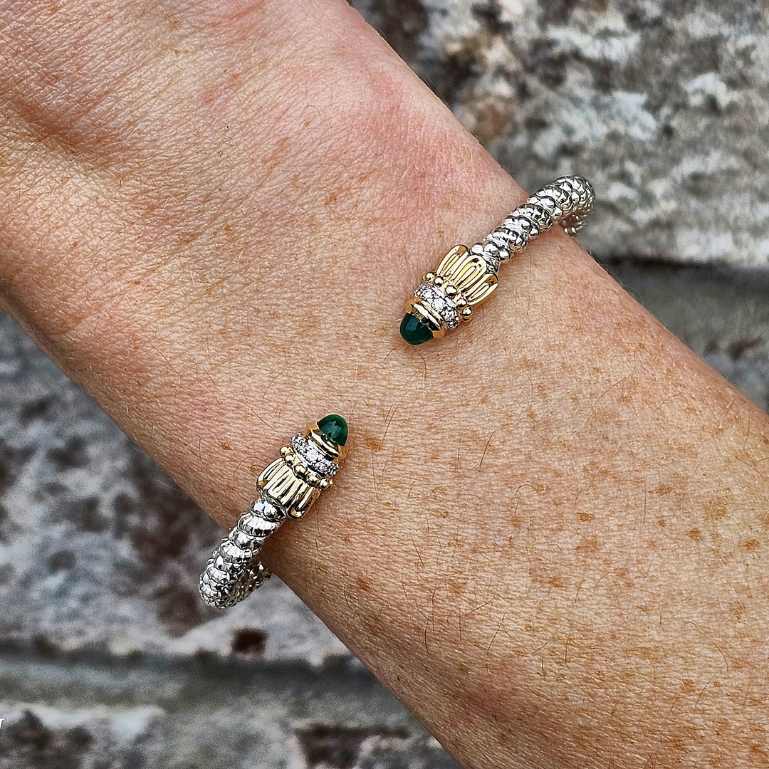 Vahan 3mm Open Cuff Bracelet with Green Onyx and Diamond 0.08ctw