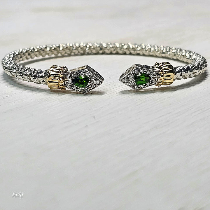Vahan Two Tone 3mm Open Diamond and Chrome Diopside Bangle Bracelet