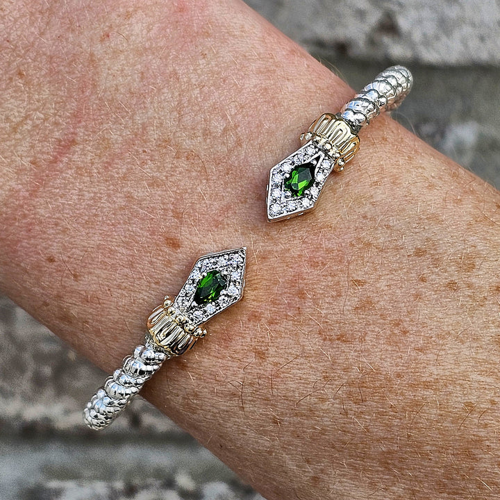 Vahan Two Tone 3mm Open Diamond and Chrome Diopside Bangle Bracelet