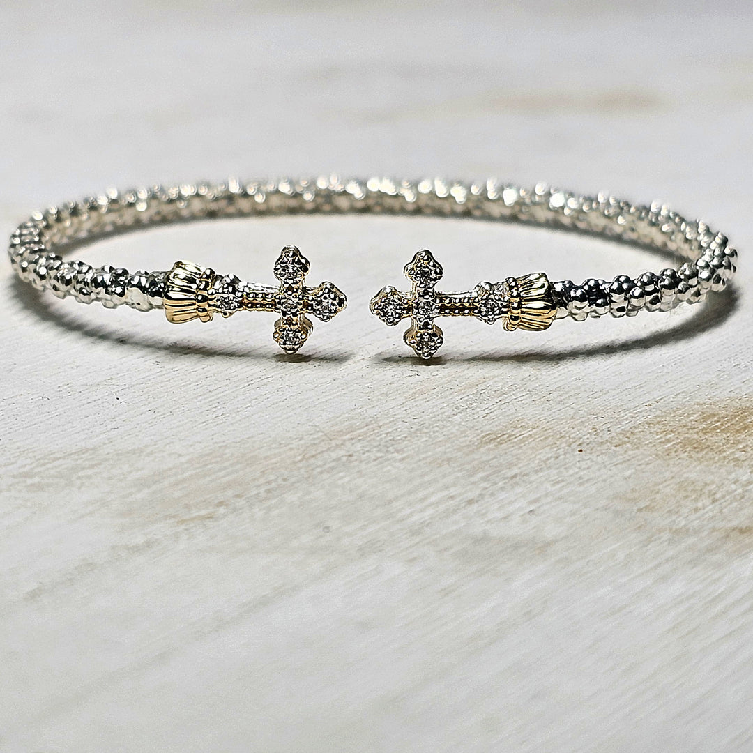 Vahan Two Tone Open Petite Cross Bangle Bracelet .075ctw
