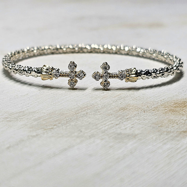 Vahan Two Tone Open Petite Cross Bangle Bracelet .075ctw