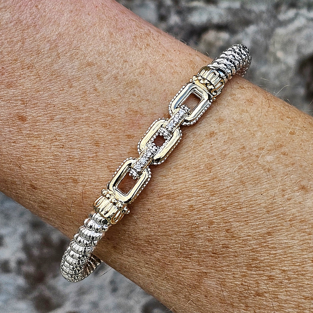 Vahan Two Tone 4mm Link Style Bangle Bracelet Diamond Accent