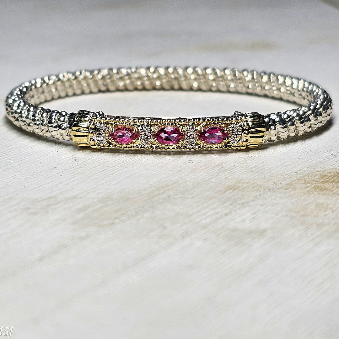 Vahan Two Tone 4mm Closed Bangle Diamond and Pink Topaz Bracelet .06ctw