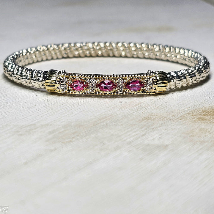 Vahan Two Tone 4mm Closed Bangle Diamond and Pink Topaz Bracelet .06ctw