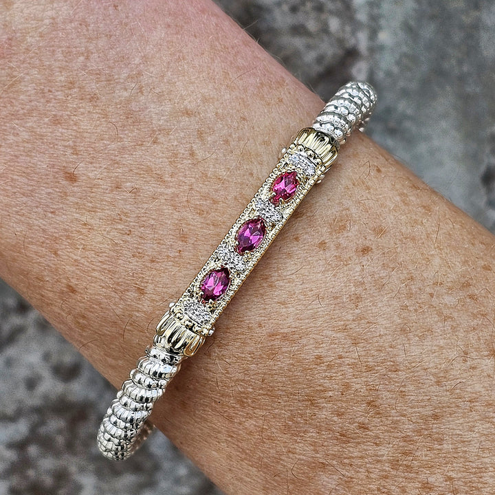 Vahan Two Tone 4mm Closed Bangle Diamond and Pink Topaz Bracelet .06ctw